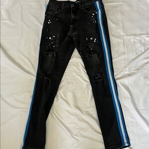 Trendy Black Skinny Jeans with Blue/White Accent Stripes